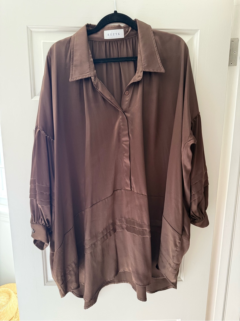 KUZYK Women's Brown Relaxed Satin Button-Front Tunic/ Dress